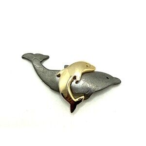 Vintage ULTRA CRAFT Mother and Baby Dolphins Brooch Pewter & Gold Tone Pin 2.5"